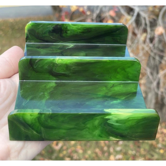 Mid 20th Century Mid- Century (112 Grams) Green Marbelized Swirl Catalin Bakelite Poker Card Deck Holder 20th C. For Sale - Image 5 of 18