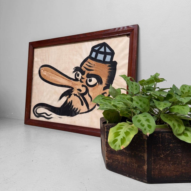 Distinctive japanese hand-painted artwork from 1959 depicting an expressive tengu, a mythical figure from japanese...