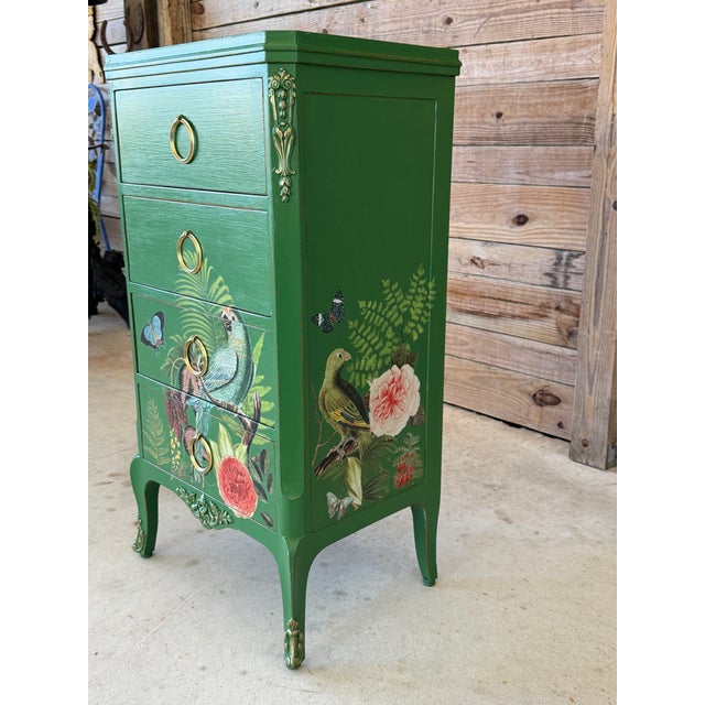Custom Painted Tropical Parrot Decoupage Lingerie Chest or Tall Nightstand For Sale - Image 9 of 12