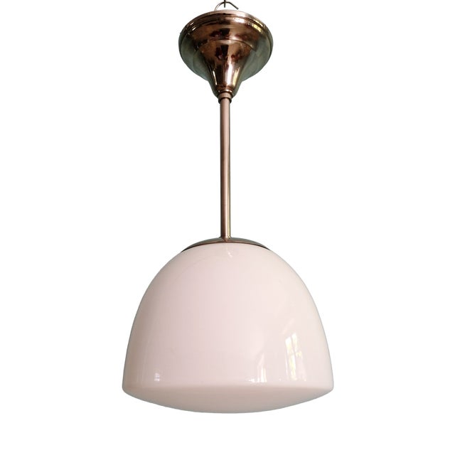 Bauhaus Pendant Light in Chromed Metal with White Opaline Glass Globe, 1930s For Sale