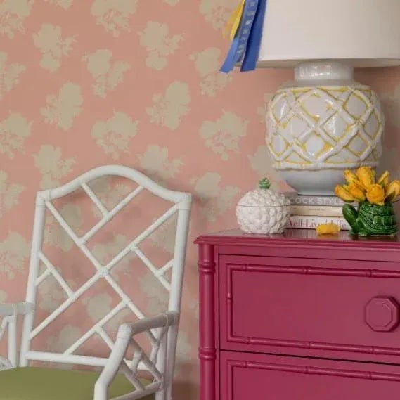 A sample of Swans Island Silhoutte Shell Pink Wallpaper Care Instructions: Wipe with damp cloth.