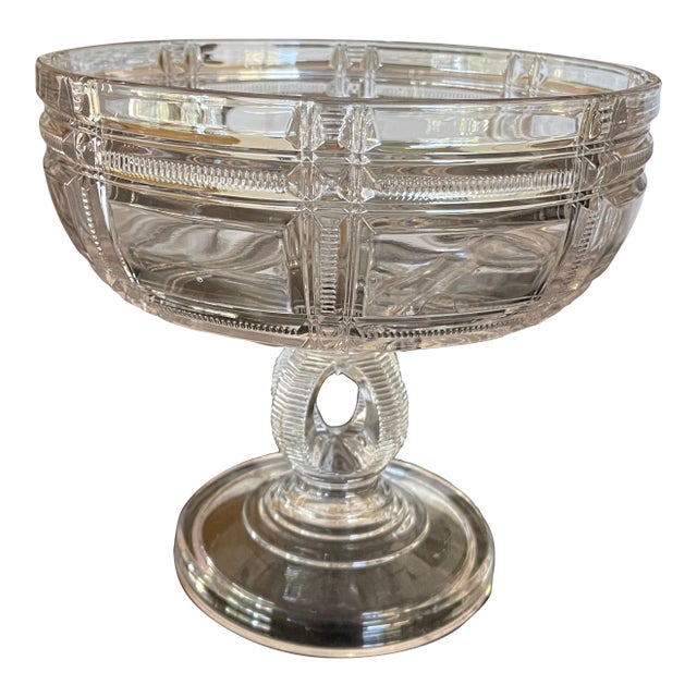 Antique Clear Pressed Glass Compote Duncan and Sons Cryptic Zipper Block Eapg Circa 1880's - Rare For Sale