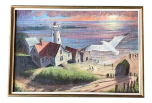 Original Vintage 1970’s Lighthouse Seascape Painting Signed