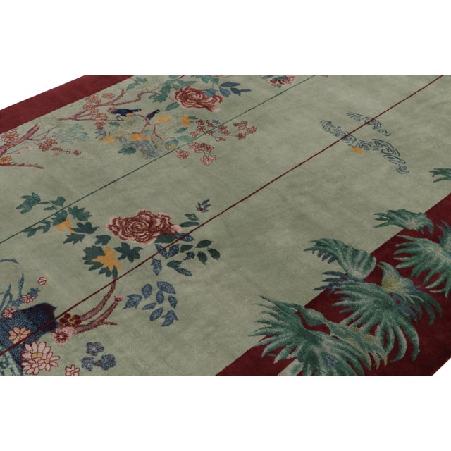 Rug & Kilim Rug & Kilim Chinese Style Art Deco Rug in Red with Green & Blue Pictorial - 12'x15' For Sale - Image 4 of 8