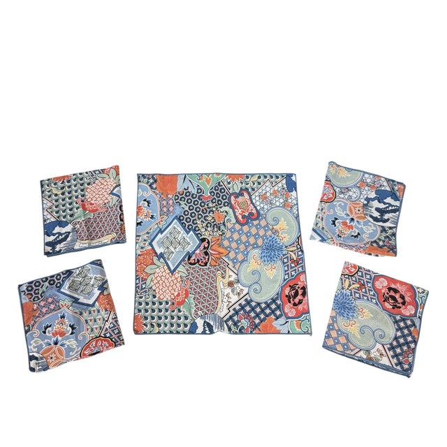 1970s Colorful Japanese Imari Style Cotton Napkins- Set of 6 For Sale - Image 4 of 6