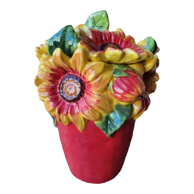 Vintage Red Yellow Ceramic Sunflower Apple Cookie Storage Jar For Sale