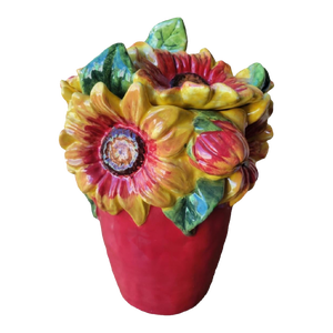 Vintage Red Yellow Ceramic Sunflower Apple Cookie Storage Jar