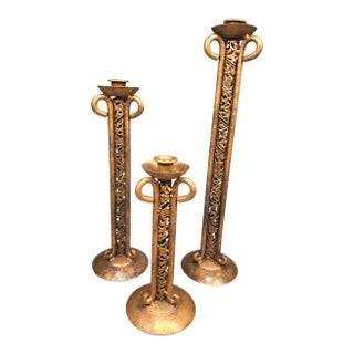 Vintage Pierced Brass Graduated Taper Candlesticks, Set of 3 For Sale