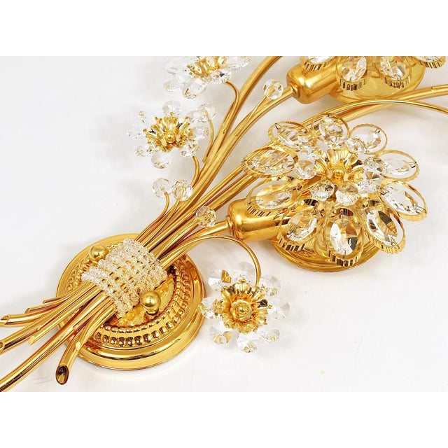 Large Gilt Brass & Crystals Flower Wall Light from Palwa, 1970s For Sale - Image 13 of 17