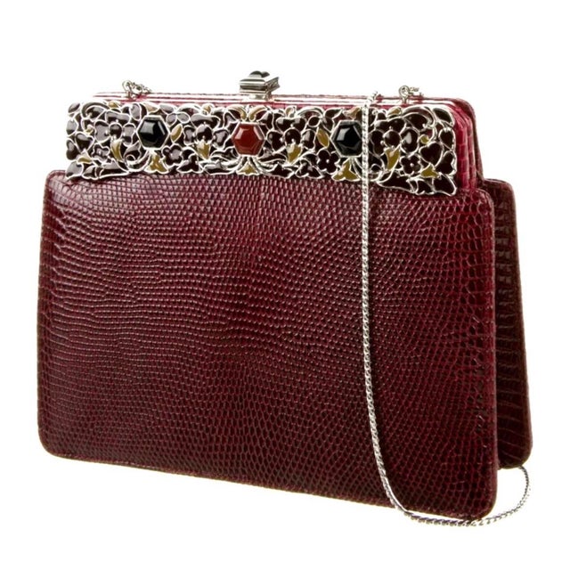 1990s Judith Leiber Lizard Skin Brown Burgundy Day Evening Handbag Gem Enamel Vintage For Sale - Image 12 of 12