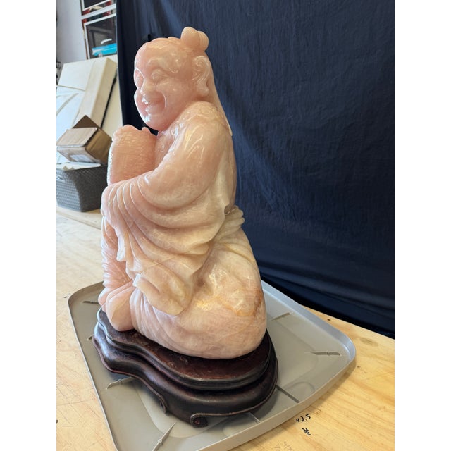 Chinese Large Vintage Chinese Carved Rose Quartz Boy Sculpture on Hardwood Stand For Sale - Image 3 of 7