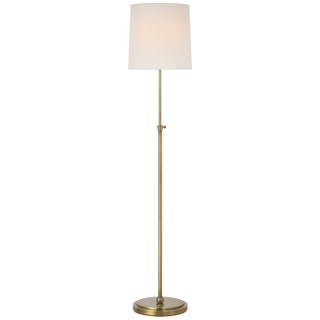 Thomas O'Brien by Visual Comfort Signature Bryant 52" Adjustable Cordless Floor Lamp in Hand-Rubbed Antique Brass with Linen Shade For Sale