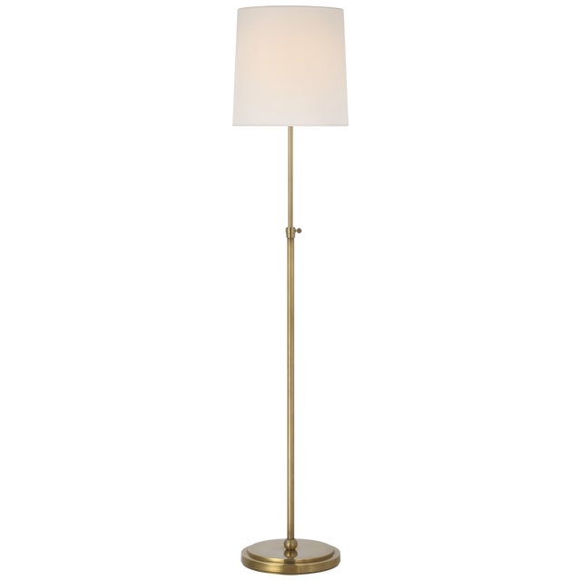 Thomas O'Brien by Visual Comfort Signature Bryant 52" Adjustable Cordless Floor Lamp in Hand-Rubbed Antique Brass with Linen Shade For Sale