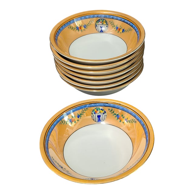 Early 20th Century Antique Noritake Art Deco Set of 8 Lusterware Floral Pattern Bowls For Sale