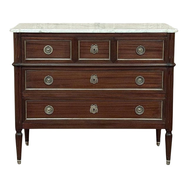 Antique French Louis XVI Mahogany Commode With Carrara Marble For Sale