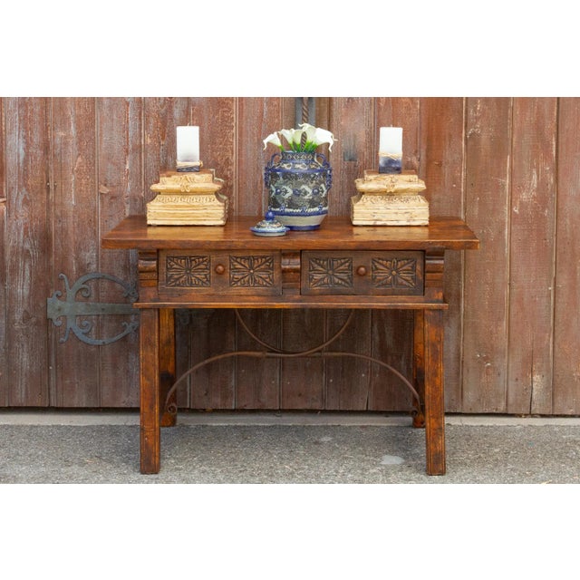 Rustic Carved Antique Elm Vizcaya Table For Sale - Image 3 of 13