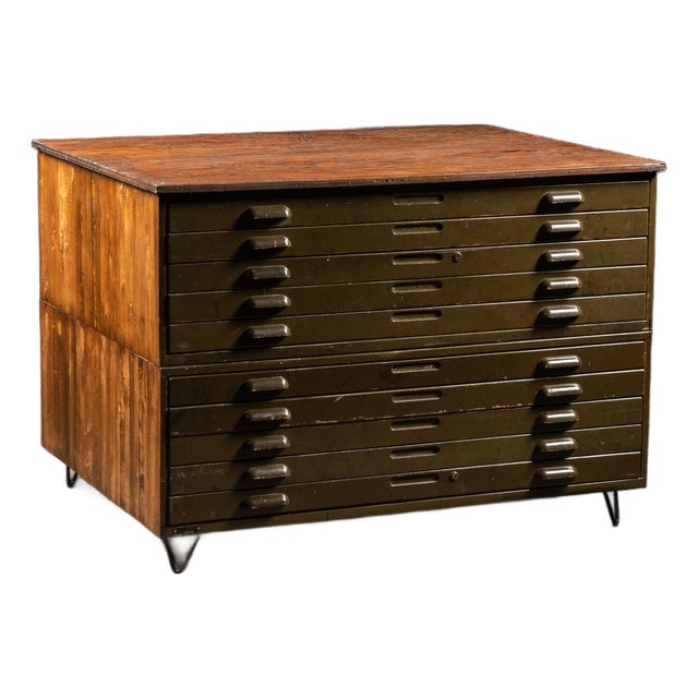 Vintage Ten Drawer Flat File With Hairpin Legs For Sale