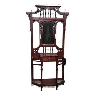 Antique Victorian Mahogany Hall Tree With Mirror, Drawer & Brass Hooks For Sale
