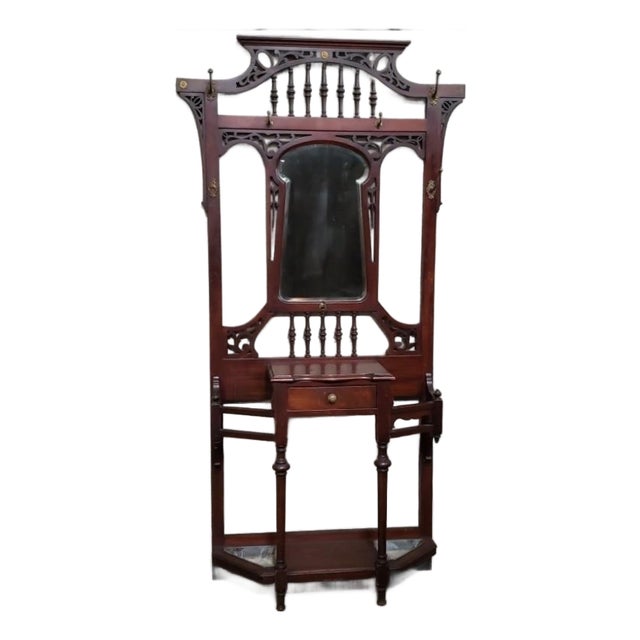 Antique Victorian Mahogany Hall Tree With Mirror, Drawer & Brass Hooks For Sale