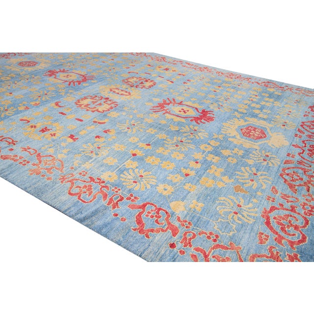 2010s Modern Oushak Handmade Floral Blue Oversize Wool Rug For Sale - Image 5 of 9