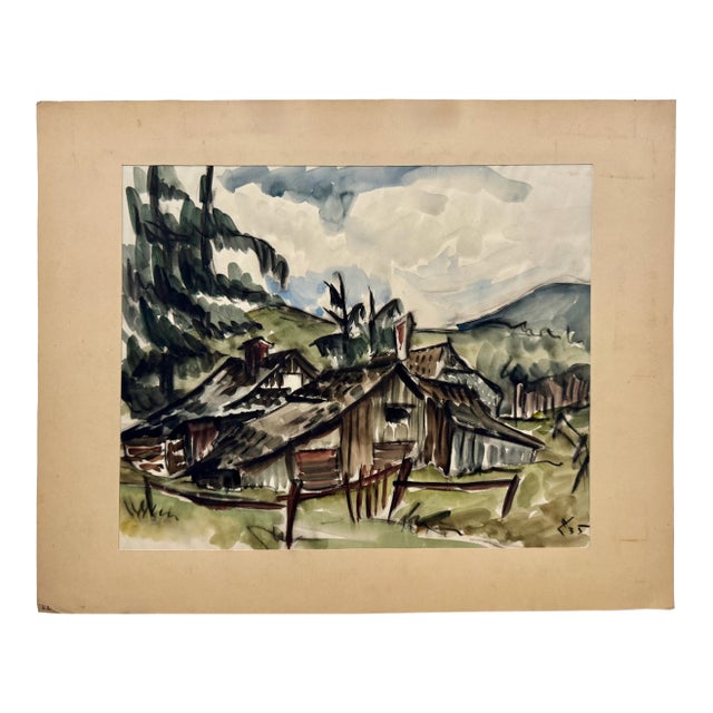 Henry Emil Salloch Original Watercolor on Paper Mountain Cabin, 1935. For Sale
