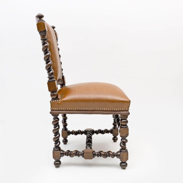 Antique Italian Neo-Renaissance Walnut and Leather Dining Chairs, 1890, Set of 6 For Sale - Image 4 of 14