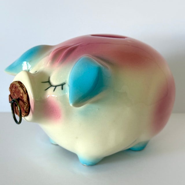 Pink Vintage Hull Corky Piggy Bank W Pink and Blue Highlights 1957 For Sale - Image 8 of 10