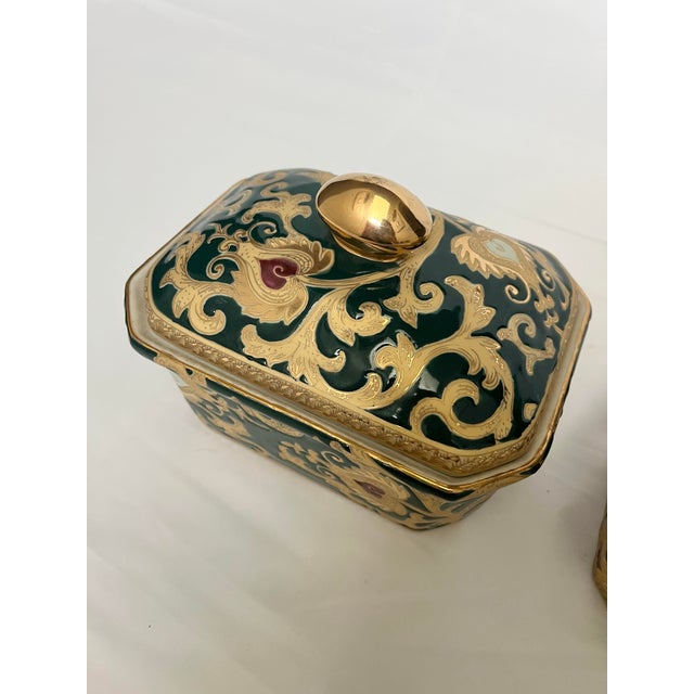 Japanese Vintage Green & Gold Chinoiserie Porcelain Boxes — Pair For Sale - Image 3 of 11