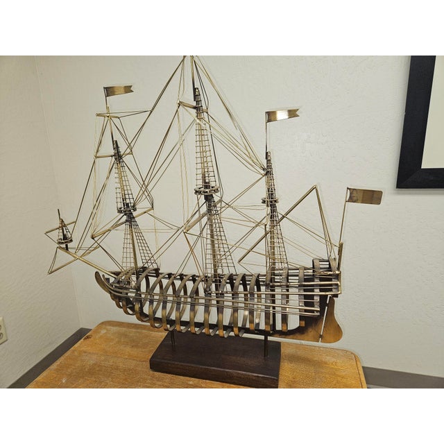 Brass Tall Ship Sculpture on Wooden Stand, Signed & Dated “C. Jere ’80” For Sale - Image 17 of 18