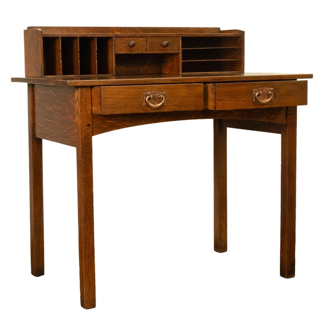 Brown Antique American Arts & Crafts Mission Oak Gustav Stickley Postcard Desk 1905 For Sale - Image 8 of 12