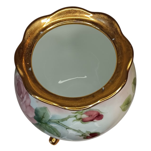 Ceramic VTG Floral Handpainted Porcelain Jardiniere Rose Bowl Vase Gold Three Footed 5" For Sale - Image 7 of 17
