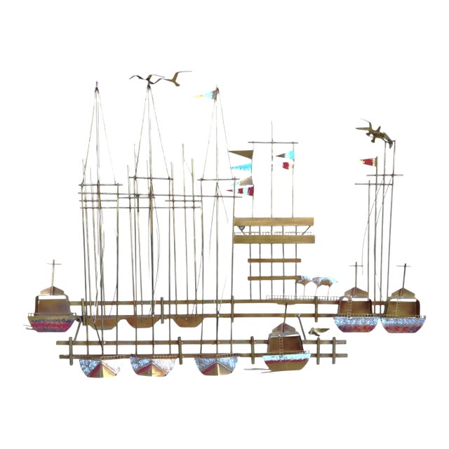 1980s Curtis Jere Nautical Wall Sculpture – Brass Sailboats & Seagulls Harbor Scene For Sale