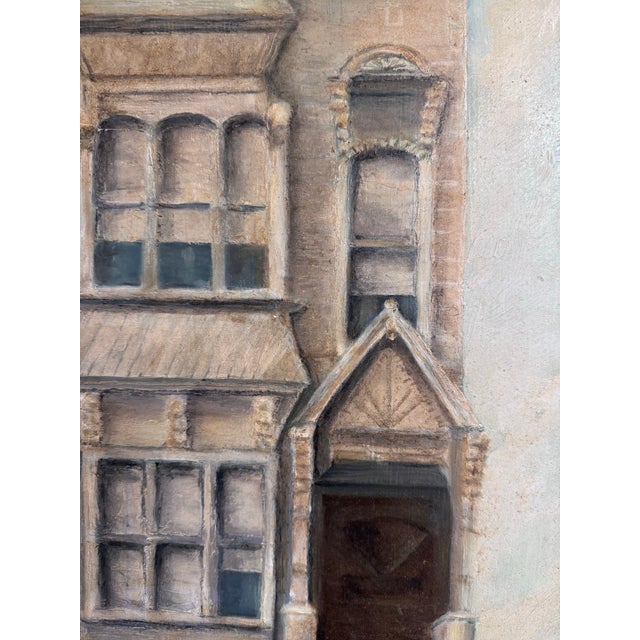 A charming vintage oil painting depicting a tall Victorian-era townhouse with projecting bay windows, architectural...