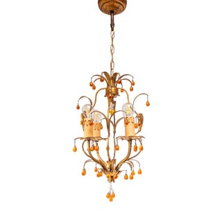 Small Italian Chandelier in Gilt Metal with Leaves and Flowers, 1960 For Sale