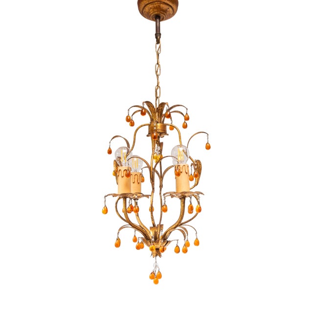 Small Italian Chandelier in Gilt Metal with Leaves and Flowers, 1960 For Sale