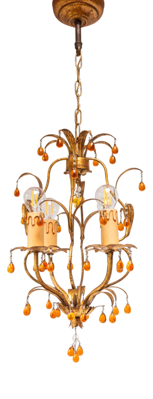 Small Italian Chandelier in Gilt Metal with Leaves and Flowers, 1960