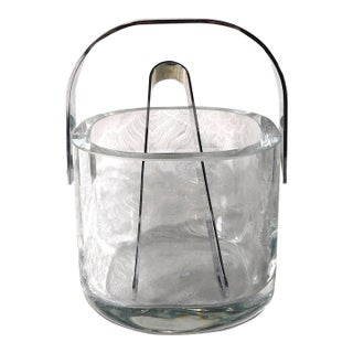 1980s Orrefors Rounded Square Crystal Ice Bucket With Metal Handle and Tongs For Sale