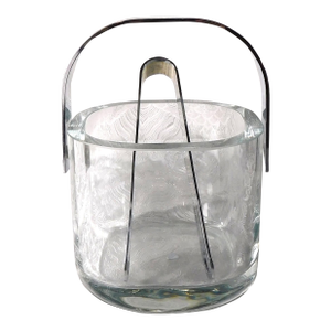 1980s Orrefors Rounded Square Crystal Ice Bucket With Metal Handle and Tongs