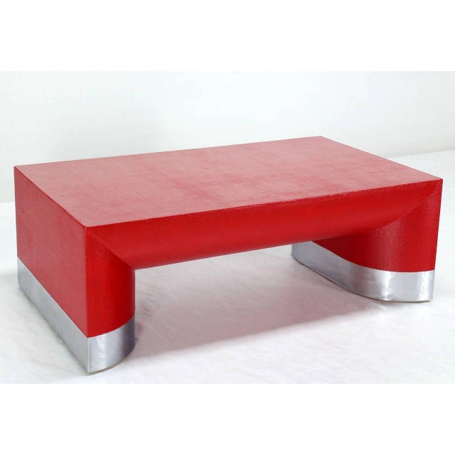 Mid-Century Modern Large Rectangle Grass Cloth Mid Century Modern Coffee Table in Fire Red For Sale - Image 3 of 7