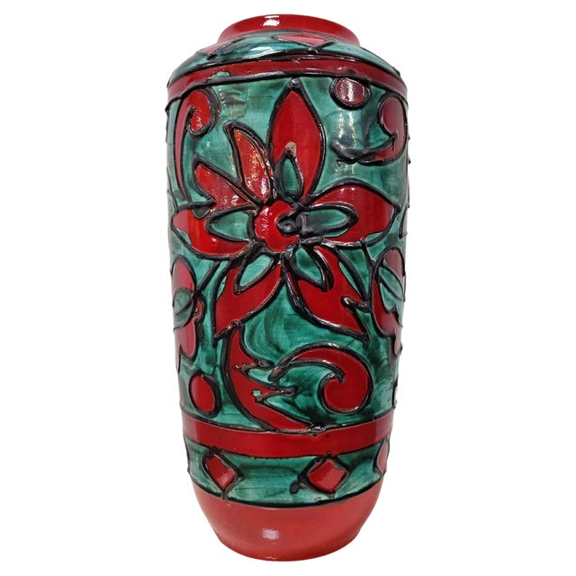 West German Pottery Floor Vase in Red and Green attributed to Scheurich, Germany, 1960s For Sale