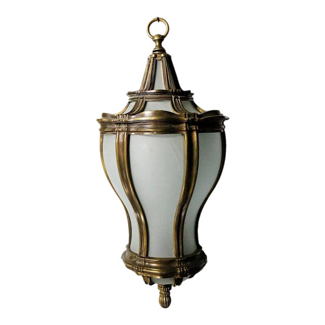Antique Hanging Lantern Brass With Curved Glass For Sale