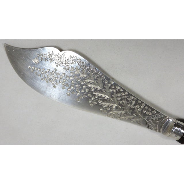 Antique 1893 Hand Engraved Antique Sheffield Plate & Sterling Silver Antler Handle Fish Serving Set For Sale - Image 9 of 13