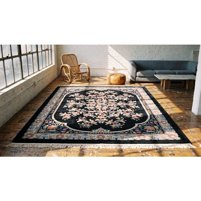 1920s Black Floral Medallion Antique Chinese Art Deco Rug 9' X 12' Handknotted Wool Carpet For Sale - Image 9 of 9