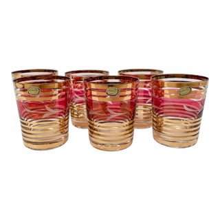 Bohemian Czech Glass Tumblers Set of 6 Cranberry Floral Gold Vintage For Sale