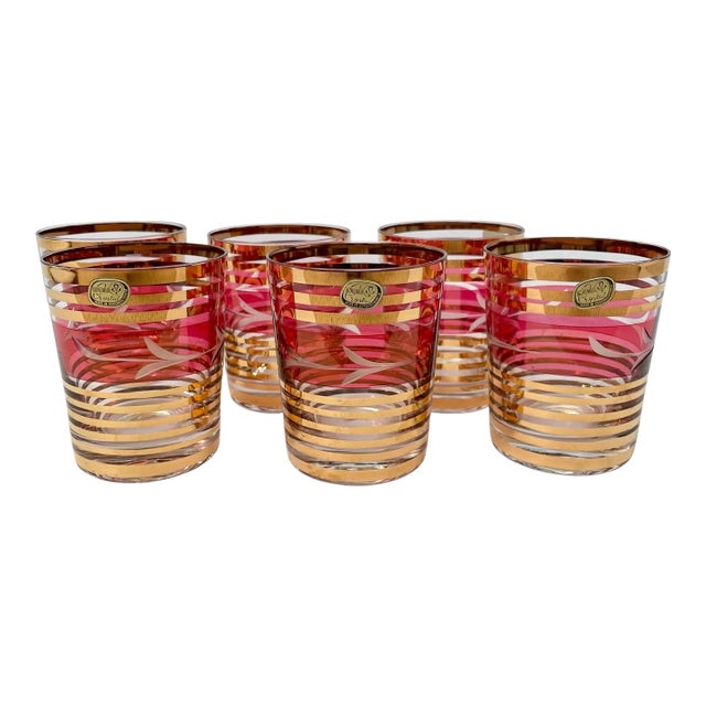 Bohemian Czech Glass Tumblers Set of 6 Cranberry Floral Gold Vintage For Sale