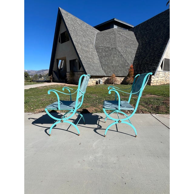 Vintage 1940s NeoClassical Art Deco French Patio Metal Outdoor Armchairs Restored Copper Attributed to Rene Prou For Sale - Image 11 of 12