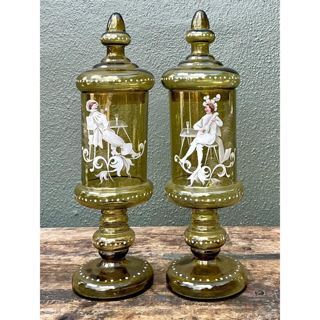 Vintage Hand-Painted Dandy Glass Apothecary Jars - Pair For Sale - Image 4 of 13