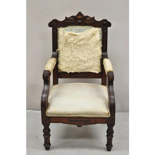 Victorian Antique Small Child's Eastlake Victorian Carved Walnut Distress Parlor Arm Chair For Sale - Image 3 of 12