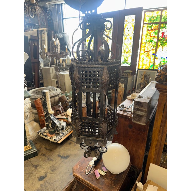 1920s Spanish Revival Wrought Iron Pendant Lantern For Sale In Los Angeles - Image 6 of 11