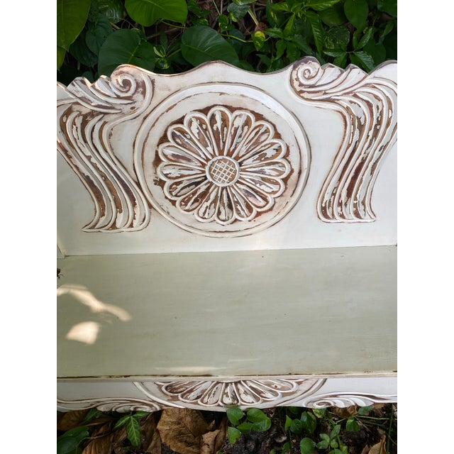 French Country Style Rustic Bench With Carving Design For Sale In Miami - Image 6 of 9